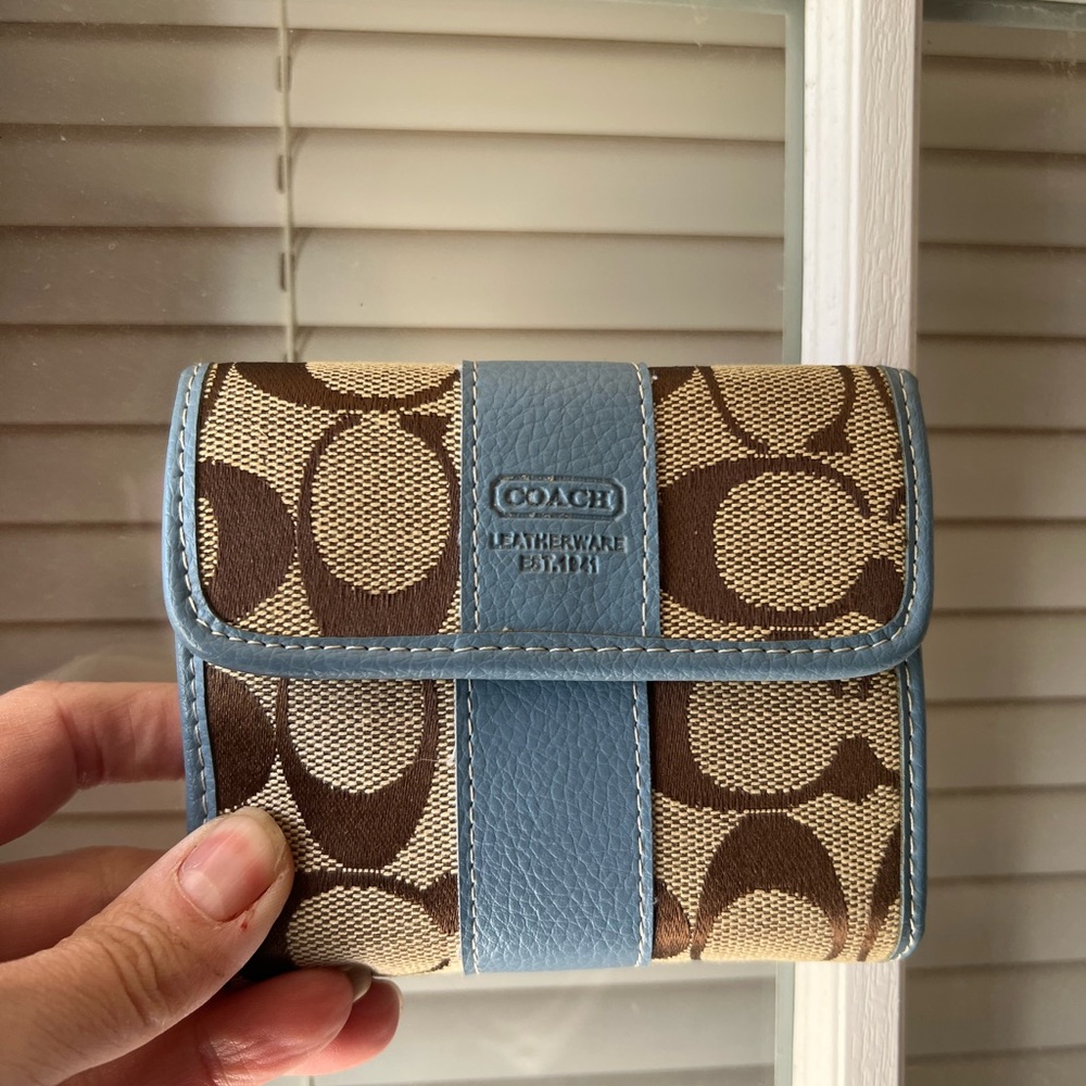 Coach Tan Signature Canvas Wallet with Light Blue Trim